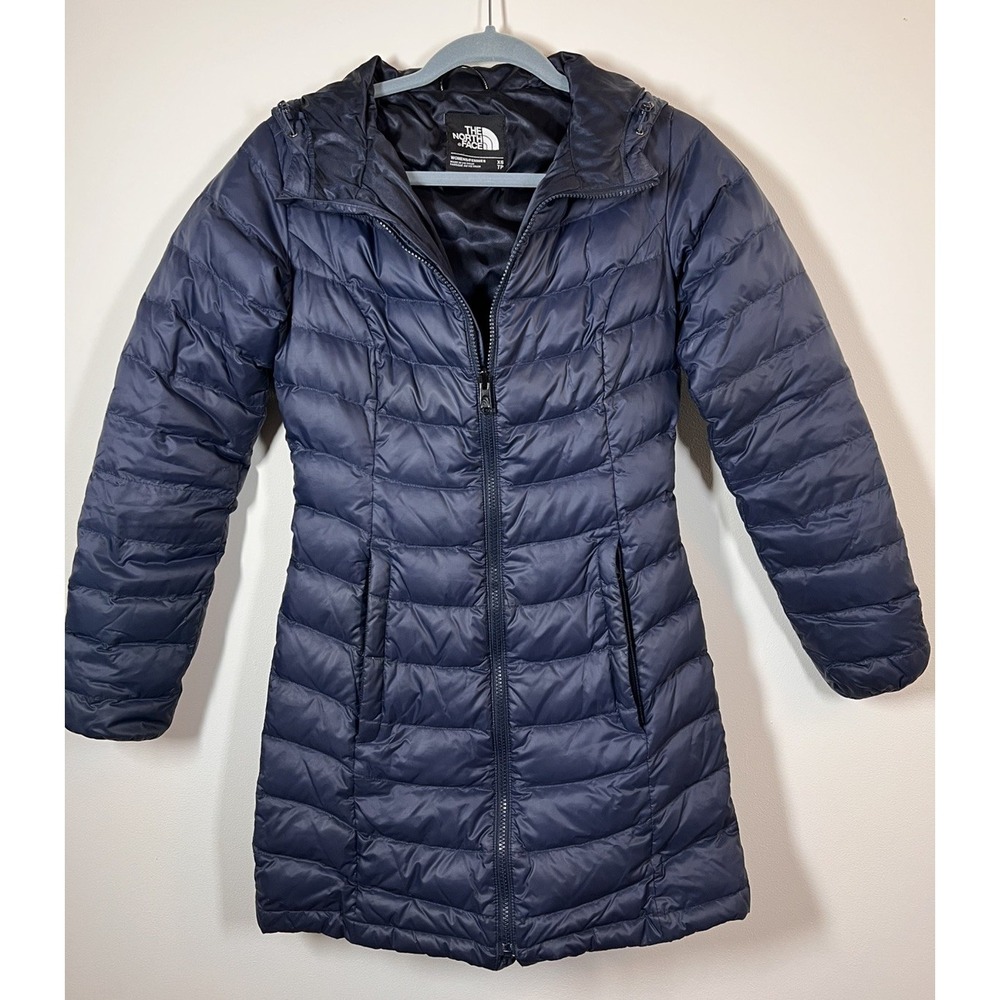 The North Face Down Jacket Women XS Blue Puffer Hooded Coat Long Parka